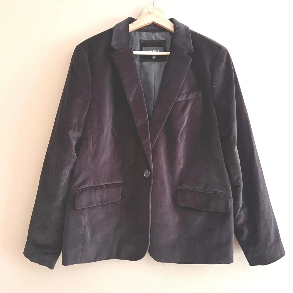 Talbots Womens Velvet Blazer Jacket Classic Black Cotton Single Button Sz 14